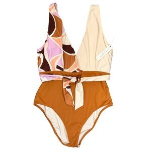 Sanctuary Swim Womens Large Colorblock Geometric V-Neck One Piece Swimsuit NWT